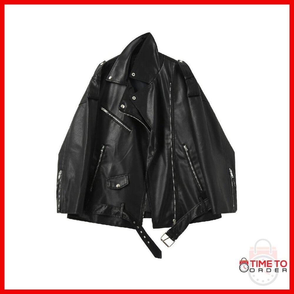 Faux Leather Motorcycle Jacket Lapel Collar Zipper Long Sleeve Coat